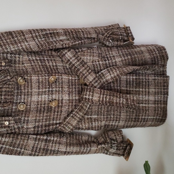 Betsey Johnson wool blend neutral boucle plaid midi double breasted coat w/ tie - Picture 3 of 12